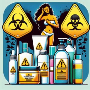 Illustration représentant des produits cosmétiques de lissage brésilien avec un panneau d'avertissement et des symboles de danger chimiques, en arrière-plan une silhouette féminine se tenant la tête avec des signes de malaise.