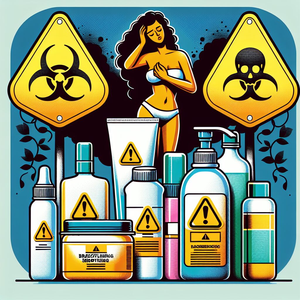 Illustration représentant des produits cosmétiques de lissage brésilien avec un panneau d'avertissement et des symboles de danger chimiques, en arrière-plan une silhouette féminine se tenant la tête avec des signes de malaise.