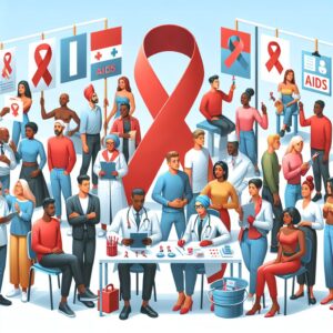 A powerful and informative illustration depicting World AIDS Day 2024. The image should emphasize the theme of HIV testing and public health, featuring diverse individuals of different ages and backgrounds participating in health screenings or holding awareness banners in a community setting. Include symbolic red ribbons to represent AIDS awareness.
