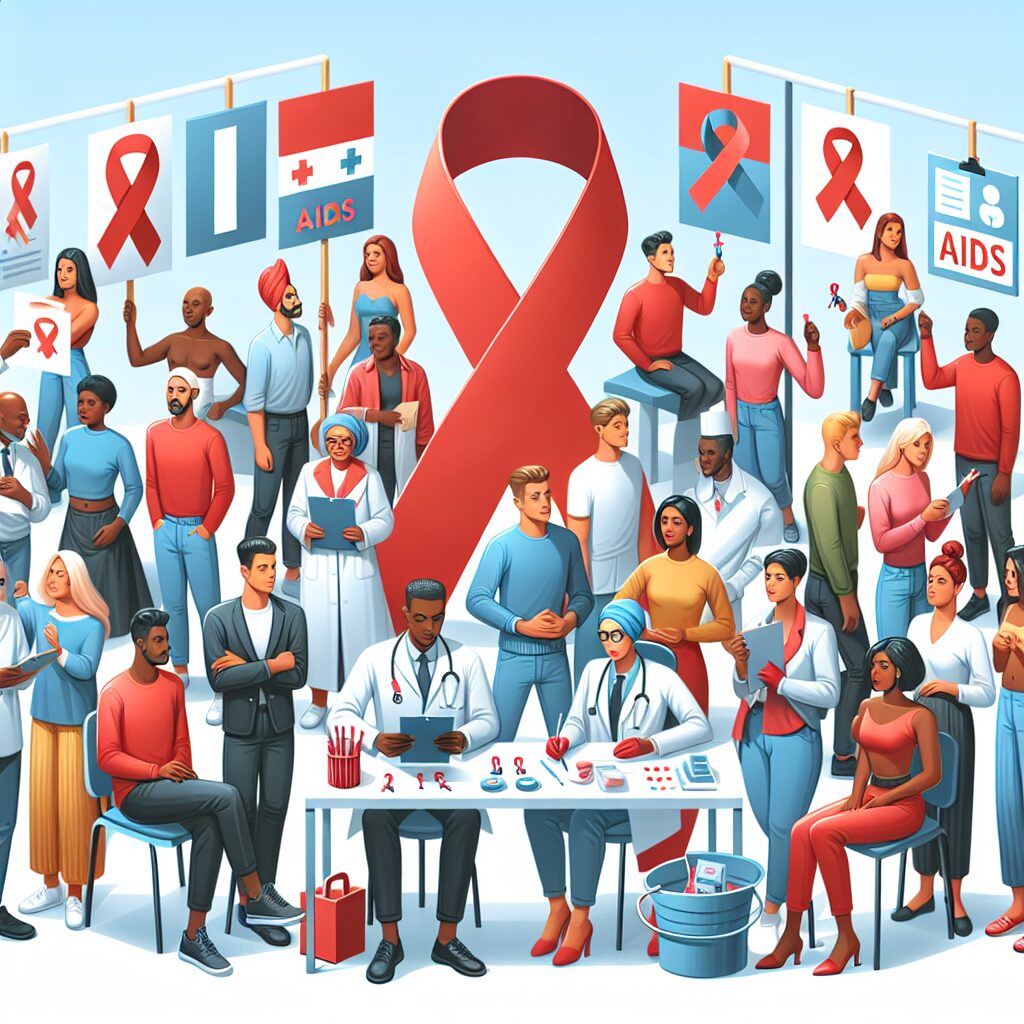 A powerful and informative illustration depicting World AIDS Day 2024. The image should emphasize the theme of HIV testing and public health, featuring diverse individuals of different ages and backgrounds participating in health screenings or holding awareness banners in a community setting. Include symbolic red ribbons to represent AIDS awareness.