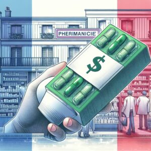 Illustration représentant une boîte de Doliprane, un médicament emblématique en France, avec un fond mettant en valeur le marché pharmaceutique français.