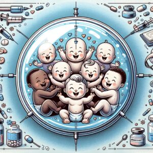An illustration showing a protective shield around happy, playing infants, symbolizing protection from bronchiolitis, with elements depicting vaccines and prevention in a healthcare context.