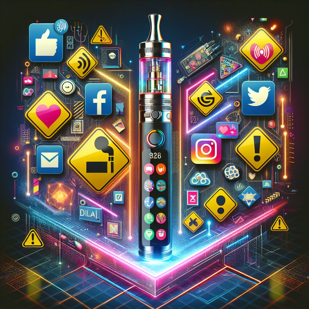 A high-tech electronic cigarette with a built-in screen, displaying social media and games, surrounded by caution signs and symbols indicating danger and addiction, set against a backdrop representing youth culture and modern technology.