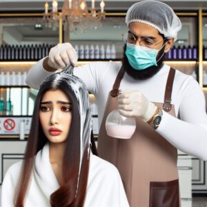 A stylist performing a Brazilian hair smoothing treatment in a salon, with a focus on chemical substances being applied, showcasing a concerned expression on a client’s face, emphasizing caution and safety.