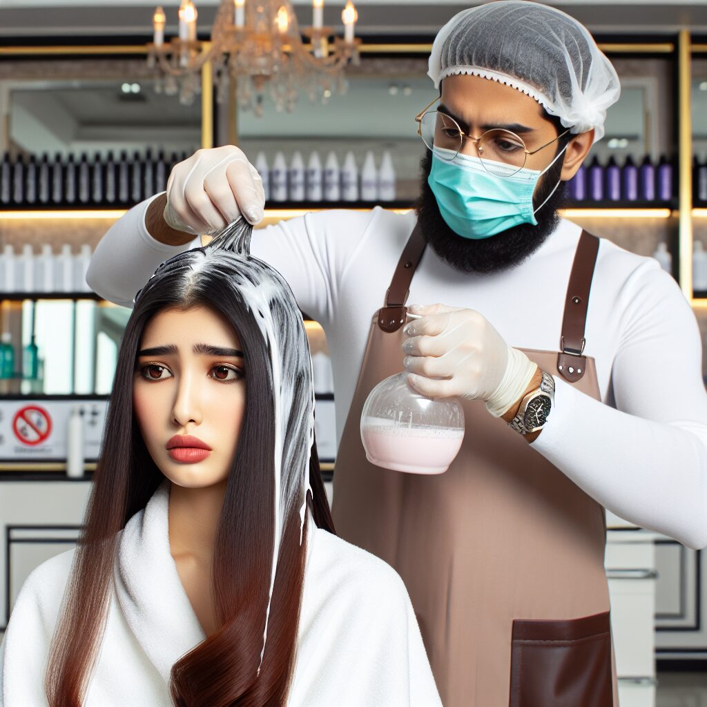 A stylist performing a Brazilian hair smoothing treatment in a salon, with a focus on chemical substances being applied, showcasing a concerned expression on a client’s face, emphasizing caution and safety.