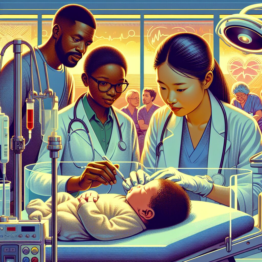 Newborn screening for sickle cell disease, medical testing scene, healthcare professionals with infant, hospital setting, supportive parents, modern medical equipment, warm and caring atmosphere, informative illustration of newborn health checks.