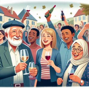 Illustration of French people of different ages with declining alcohol use, yet occasional excessive drinking, showing both moderation and festivity in a community setting.
