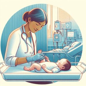 An illustration of a newborn in a hospital setting, with a medical staff performing a simple blood test on the baby's heel for neonatal screening. The scene is calm and reassuring, showcasing modern medical care and attention to newborn health.