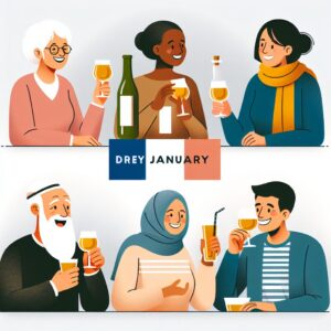 Illustration représentant le concept de Dry January en France, mettant en avant des personnes de tous âges discutant et partageant des boissons non alcoolisées, le tout dans une ambiance joyeuse et collaborative.