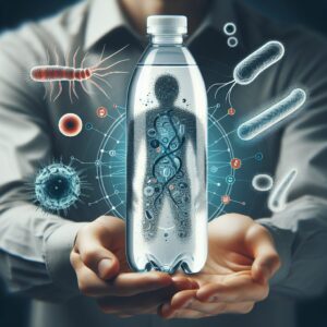 A person holding a water bottle with visible bacteria illustrations around it, focusing on hygiene and health concerns, in a modern and scientific style.
