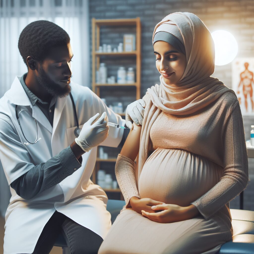 A pregnant woman receiving a vaccination in a medical clinic setting, showing a caring healthcare professional administering a vaccine, with a focus on comfort and safety. The room is well-lit and has medical equipment in the background, conveying a sense of trust and care for maternal health.