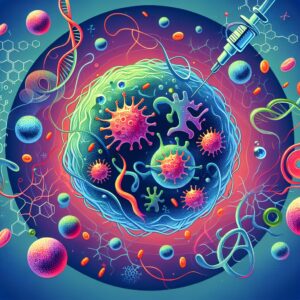 Illustration de cellules dendritiques en action dans le système immunitaire, avec un fond stylisé représentant la science médicale, utilisant des couleurs vibrantes pour symboliser l'innovation et la controverse.