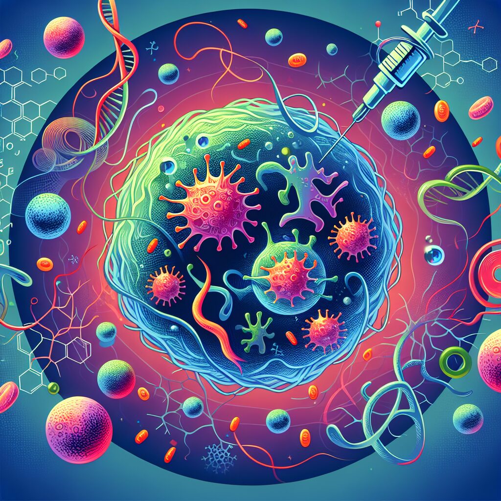 Illustration de cellules dendritiques en action dans le système immunitaire, avec un fond stylisé représentant la science médicale, utilisant des couleurs vibrantes pour symboliser l'innovation et la controverse.