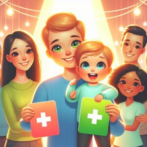 A family standing together happily, with a child holding two French health cards, symbolizing the concept of dual attachment to parents' health cards for better reimbursement, in a bright, positive setting.