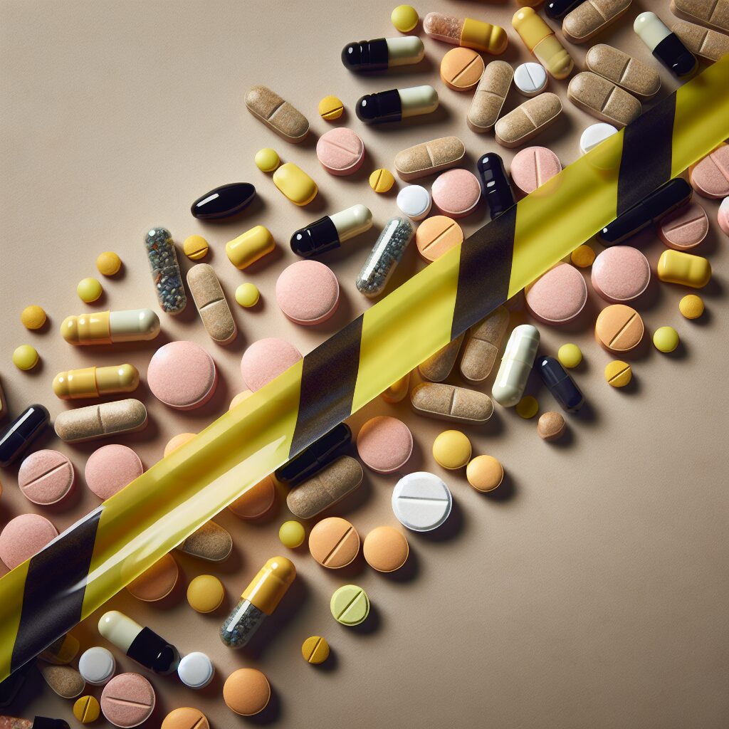 A photograph showing various types of medication pills and capsules on a neutral background, with a police tape crossing the image diagonally, symbolizing regulation and safety measures.