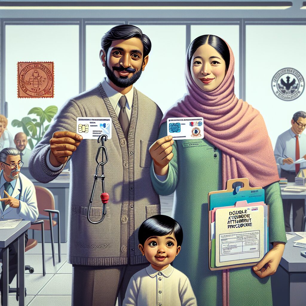 Illustration d'un couple de parents avec un enfant tenant chacun une carte Vitale dans un décor de bureau administratif français, montrant la procédure de double rattachement pour simplifier les remboursements médicaux.