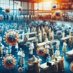 An image depicting the intense flu epidemic in France in 2025, showing overwhelmed hospitals and a variety of flu virus strains. Include a scene of healthcare workers in protective gear and patients affected by severe flu symptoms.