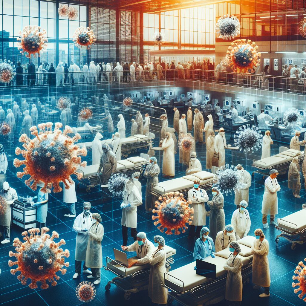 An image depicting the intense flu epidemic in France in 2025, showing overwhelmed hospitals and a variety of flu virus strains. Include a scene of healthcare workers in protective gear and patients affected by severe flu symptoms.