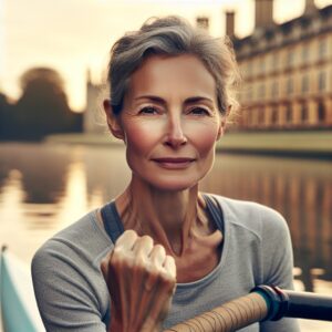 A 52-year-old British woman showing strength and resilience, engaging in rowing on a quiet river in Cambridge, with a serene and determined expression, symbolizing triumph over aggressive brain cancer.