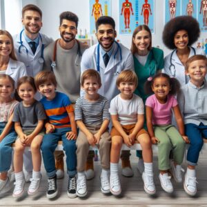 A diverse group of children, aged six, at a health check-up in a medical setting, smiling doctors and nurses, colorful medical charts and growth scales in the background, bright and welcoming atmosphere.