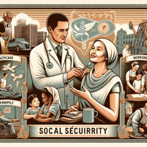An illustration celebrating the 80th anniversary of Social Security in France, depicting various aspects like health, work, family, and aging with a vintage touch to represent its historical journey.
