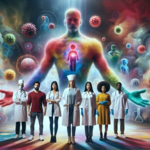A selective group of diverse individuals, symbolizing immunity, standing together confidently, in a vivid and colorful setting depicting a world affected by the Covid-19 pandemic. The scene should convey a sense of mystery, resilience, and health.