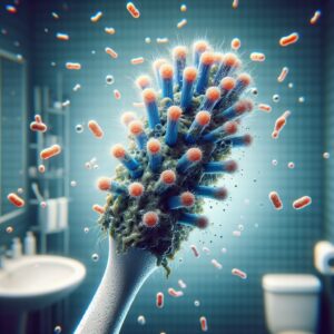 A detailed image showing a close-up of a toothbrush in a bathroom setting, highlighting the presence of microscopic bacteria on its bristles. The image should convey a sense of caution and the importance of hygiene, with a focus on the toothbrush surrounded by an invisible cloud of germs.