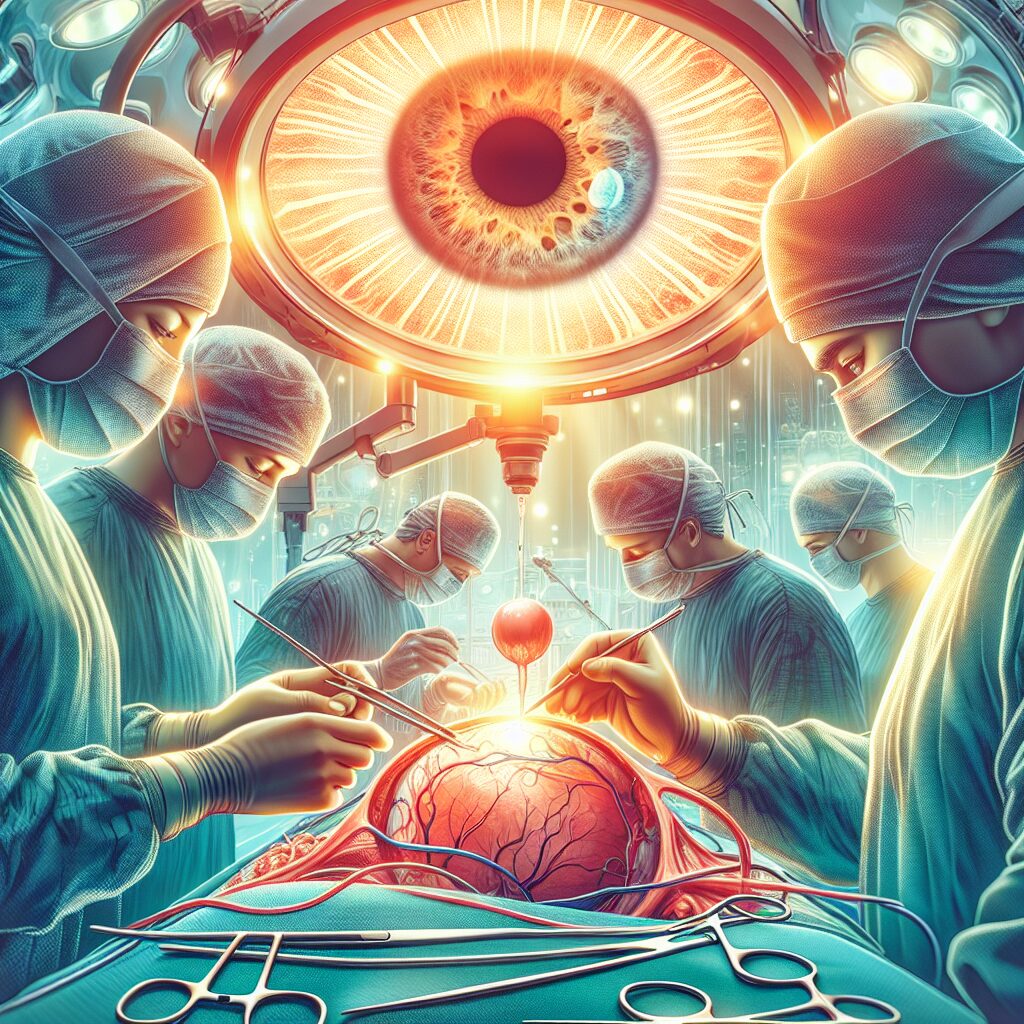 A detailed close-up illustration of a surgical procedure involving an eye and a placenta, showing a team of surgeons carefully performing the operation under bright surgical lights, with medical equipment in the background, capturing a sense of hope and medical innovation.
