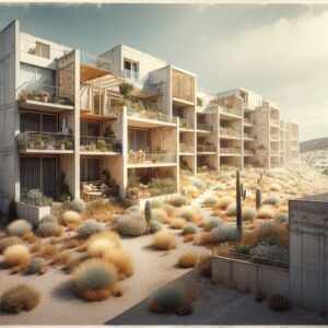 A modern nursing home facility, with Mediterranean landscaping, showing signs of neglect and decay, with a bleak atmosphere, located in a sunny region like Nice.