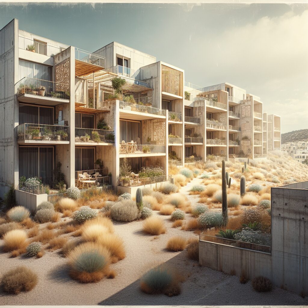 A modern nursing home facility, with Mediterranean landscaping, showing signs of neglect and decay, with a bleak atmosphere, located in a sunny region like Nice.