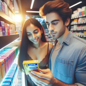 A vibrant and informative image showing a young adult picking up a box of 'Éden Perlés' condoms at a pharmacy counter, with bright, welcoming colors to suggest accessibility and health awareness.