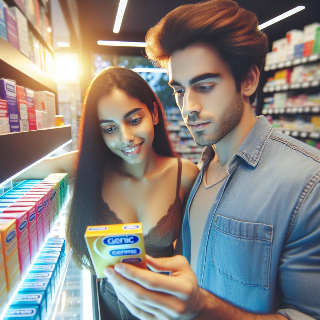 A vibrant and informative image showing a young adult picking up a box of 'Éden Perlés' condoms at a pharmacy counter, with bright, welcoming colors to suggest accessibility and health awareness.
