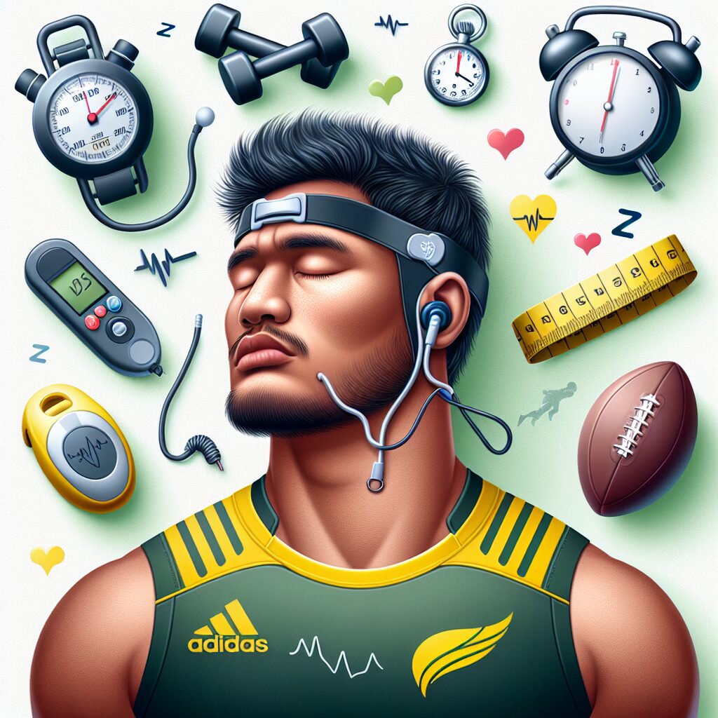 Illustration d'un joueur de rugby endormi avec un appareil respiratoire pour traiter l'apnée du sommeil, entouré de symboles de santé et de sport, dans un style réaliste.