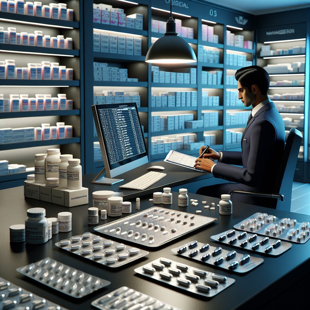 A sophisticated medical setting with a pharmacist verifying a medical prescription with emphasis on specific medications like Ozempic, Trulicity, Victoza, and Byetta, alongside digital tools ensuring compliance.