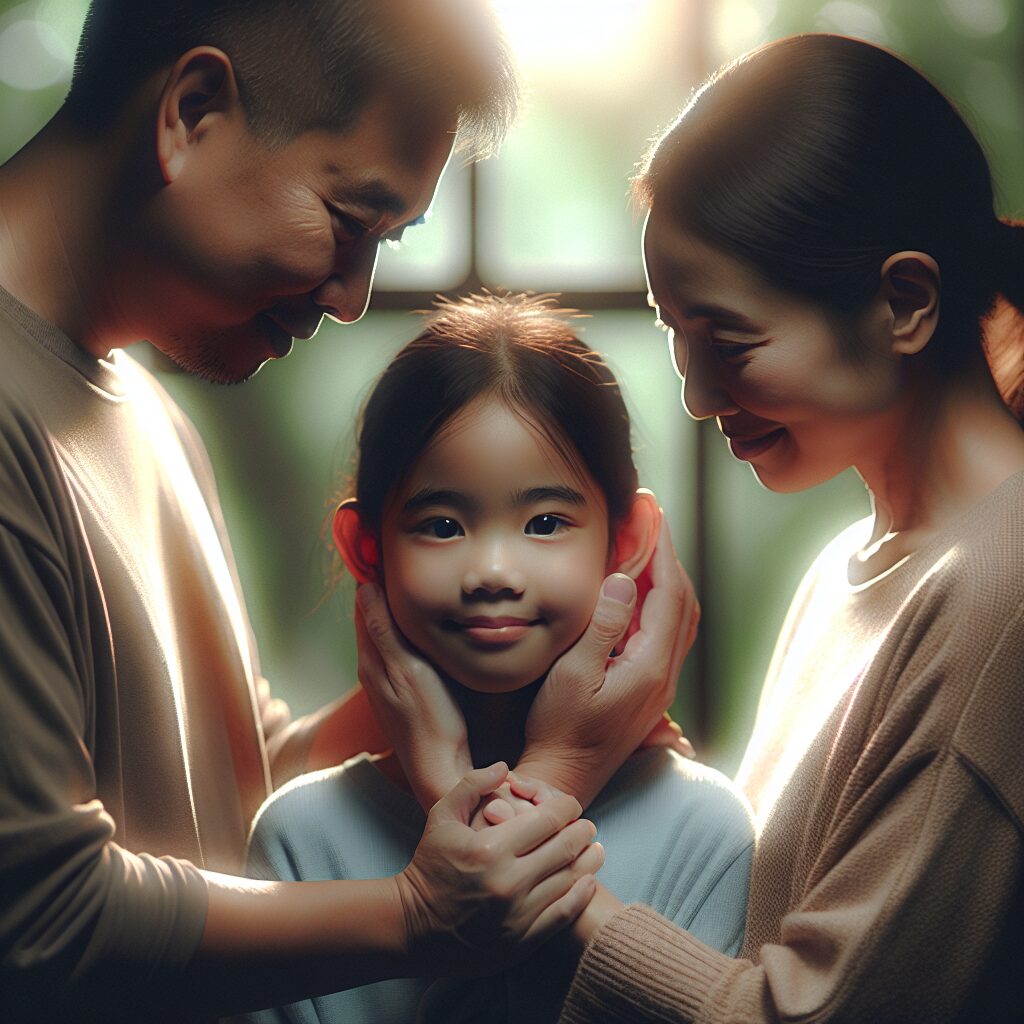 A heartwarming image of a young girl with no visible ears, surrounded by supportive parents, showing togetherness and hope. The atmosphere should be emotional yet hopeful, with soft light illuminating the faces, portraying a deep human connection.