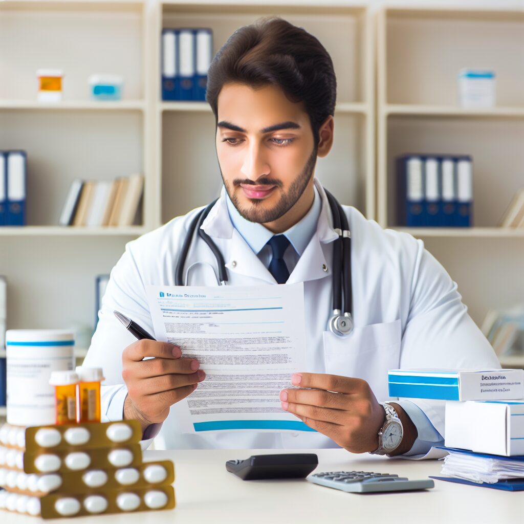 Un médecin examinant une ordonnance de médicaments dans un environnement de bureau médical avec des boîtes de médicaments antidiabétiques sur le bureau, représentant l'importance des nouvelles mesures de prescription en France.