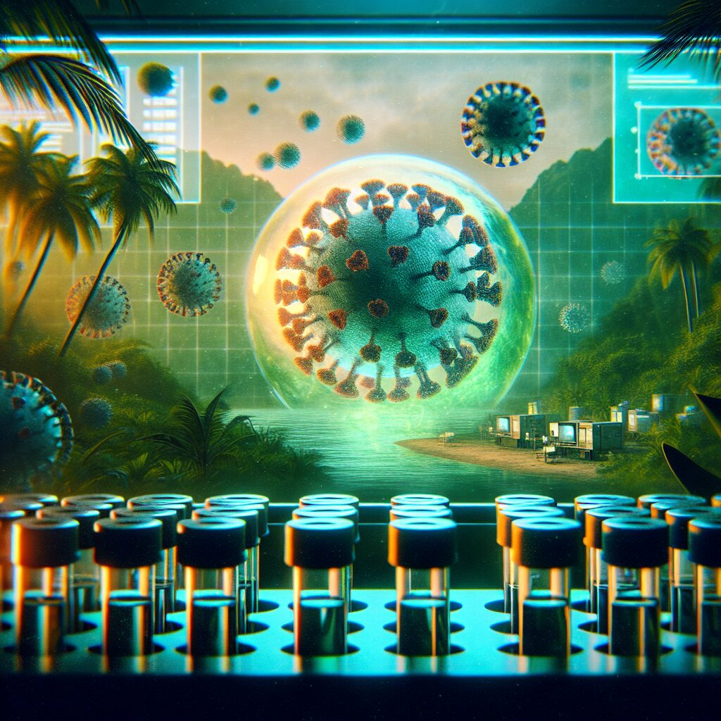 Alerte sanitaire en Guyane, illustration de virus poliomyélitique flottant dans des échantillons d'eaux usées, ambiance inquiétante et scientifique, contexte tropical.