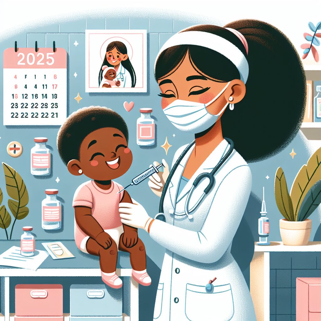 An illustration of a caring pediatrician administering a vaccine to a happy infant, in a bright and friendly medical environment, representing new vaccination efforts in 2025.