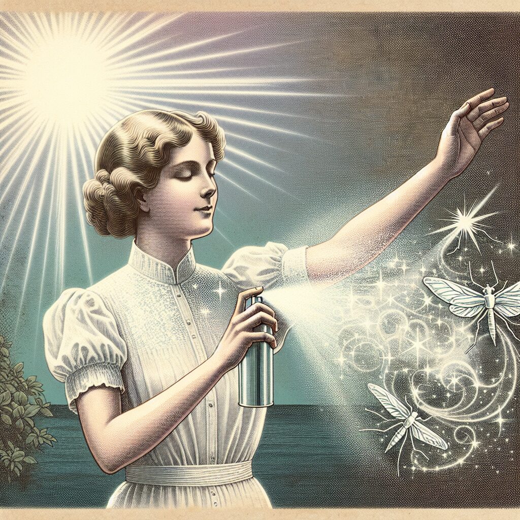 A person applying sunscreen on one arm and using mosquito repellent spray on the other, under a bright summer sun. The scene highlights a contrast between sun protection and insect repellent use, with a scientific illustration style.