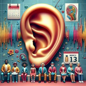 A vibrant illustration depicting an ear with sound waves and musical notes surrounding it, symbolizing the National Hearing Day. Include diverse age groups and highlight preventive measures like headphones with volume controls, calendars showing the date March 13, and setting in educational or healthcare environments.