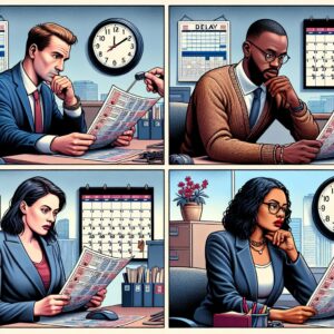 An illustration showing concerned people looking at their bank statements with a calendar and a clock symbolizing delay and waiting, in an administrative office setting.