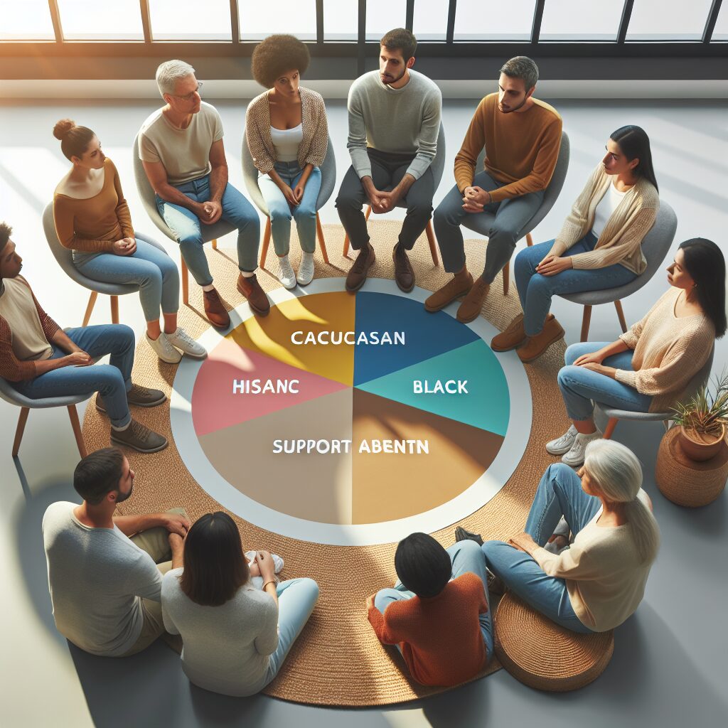 A diverse group of people of all ages sitting in a comfortable, supportive circle, indicative of mental health support and therapy. The image should convey a sense of community, understanding, and accessibility, with soft lighting and soothing colors to reflect a therapeutic environment.