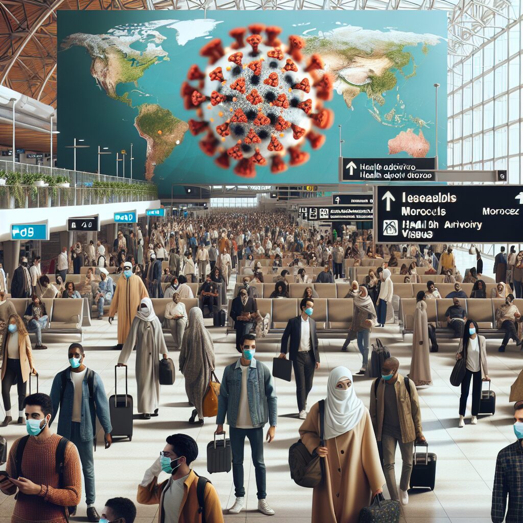 A bustling airport terminal with travelers of diverse backgrounds, some wearing masks, in front of a large map display showing Morocco highlighted and a background of health advisory notices. Enhanced imagery of a measles virus structure subtly overlayed.