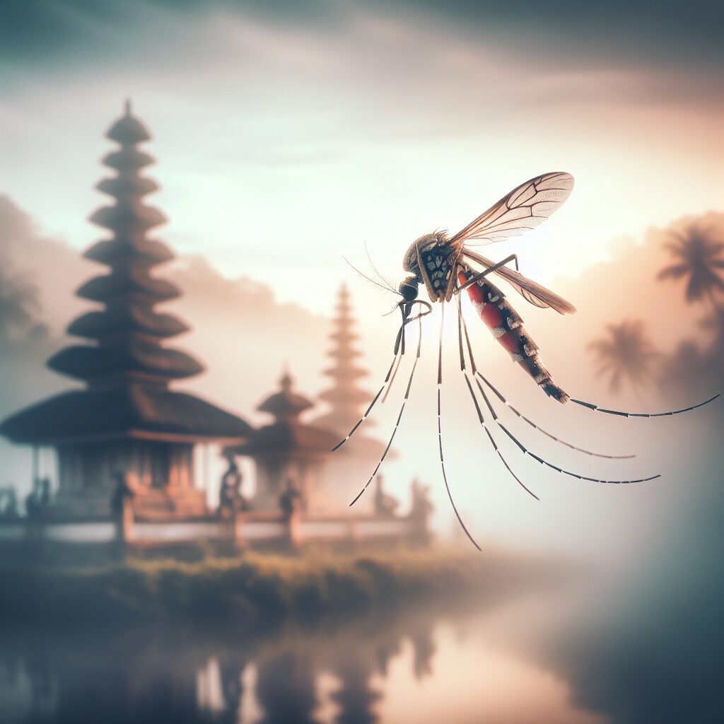 Un moustique-tigre en gros plan, avec un arrière-plan flou. Le décor évoque un environnement tropical, symbolisant l'île de La Réunion. La lumière douce du matin et une ambiance légèrement brumeuse ajoutent une touche dramatique à l'image.