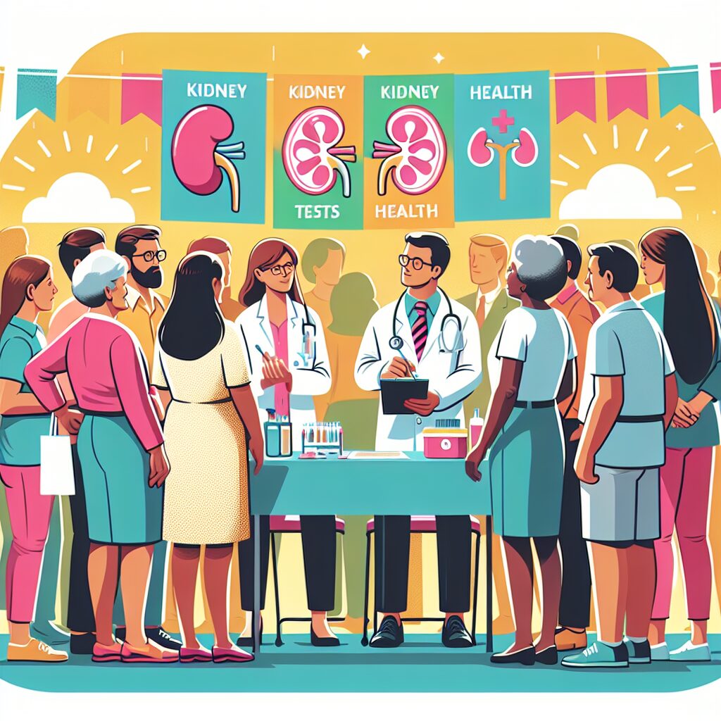 An informative and engaging illustration depicting a diverse group of people participating in a kidney health awareness event, with medical professionals explaining tests and kidney health. The scene is vibrant and positive, set in a community health fair with banners promoting kidney awareness.
