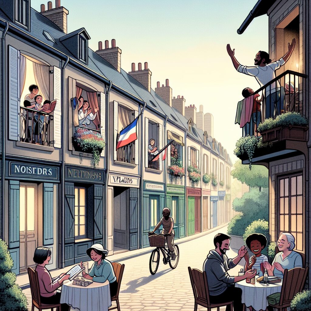 An illustration capturing the essence of positivity and introspection during the 2020 confinement in France, featuring serene empty streets, people engaging in hobbies like reading, gardening, and cycling, and the iconic 8 pm applause for healthcare workers from balconies.