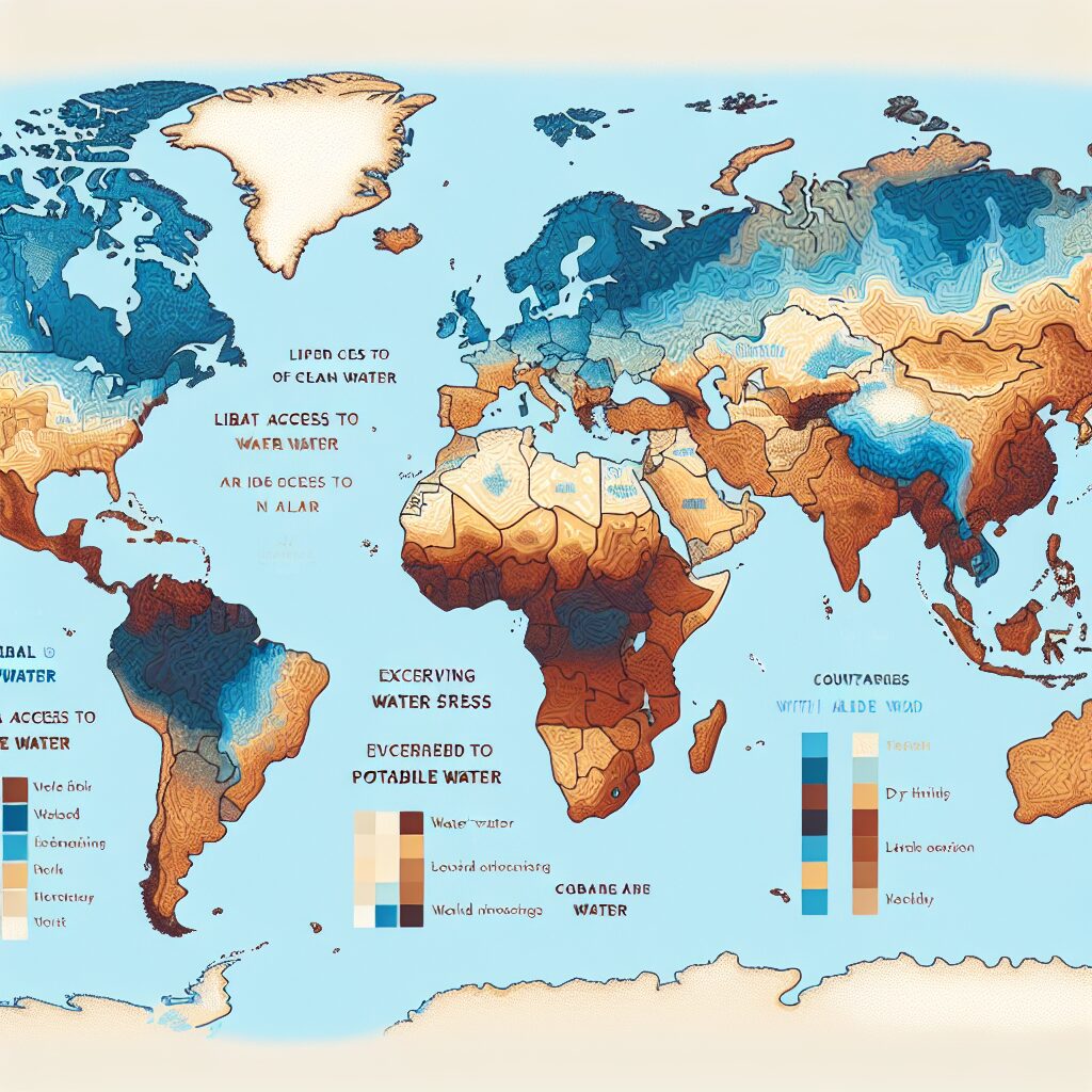 A world map illustration showing countries with varying levels of access to potable water, with some areas visibly dry or water-stressed, highlighting global water access disparities.