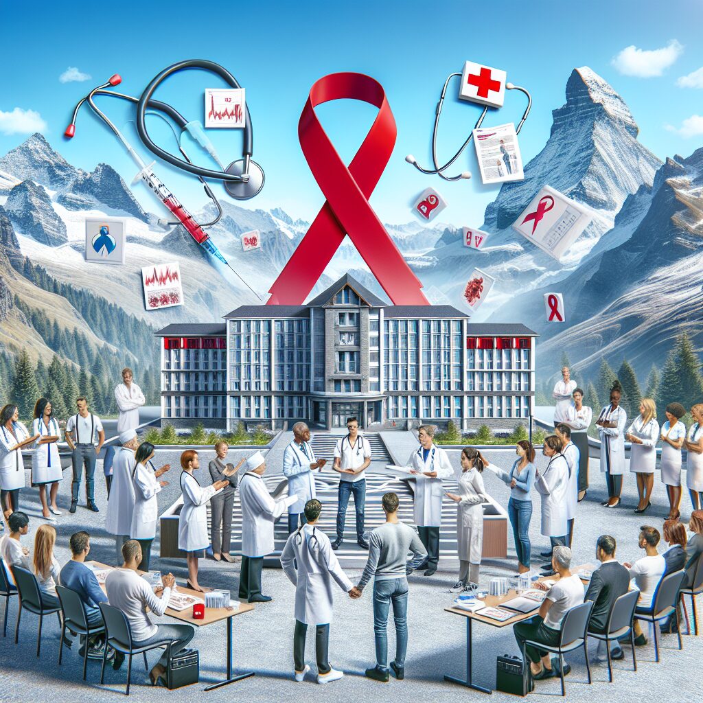 A group of diverse healthcare professionals and volunteers discussing strategies in front of a large hospital complex. The backdrop is the mountainous region of Savoie, France, with prominent healthcare symbols like a stethoscope, a red ribbon for AIDS awareness, and informational pamphlets. The scene is vibrant and collaborative, illustrating teamwork in public health intervention.