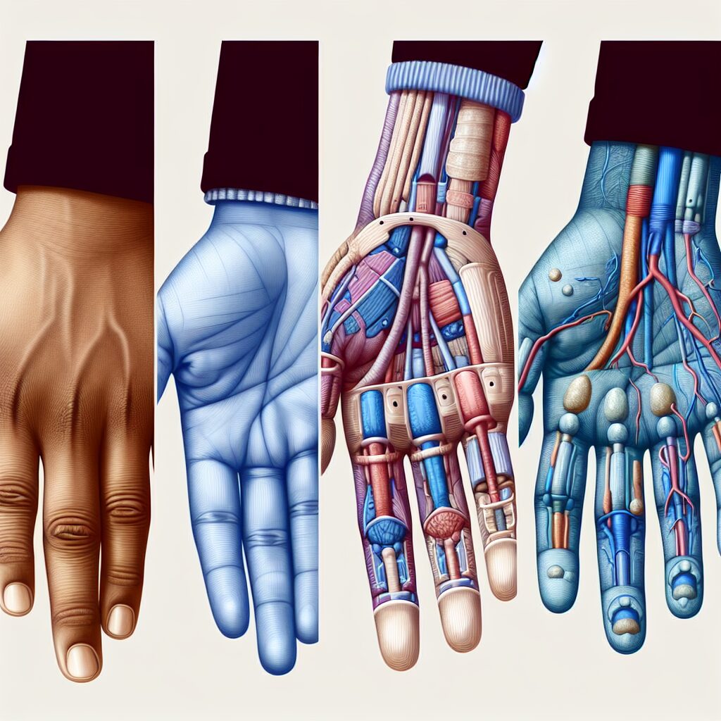 A medical illustration showing hands with varying skin colors: one hand is normal, another is pale, another is bluish, and the last one is reddish, symbolizing the symptoms of Raynaud's syndrome.