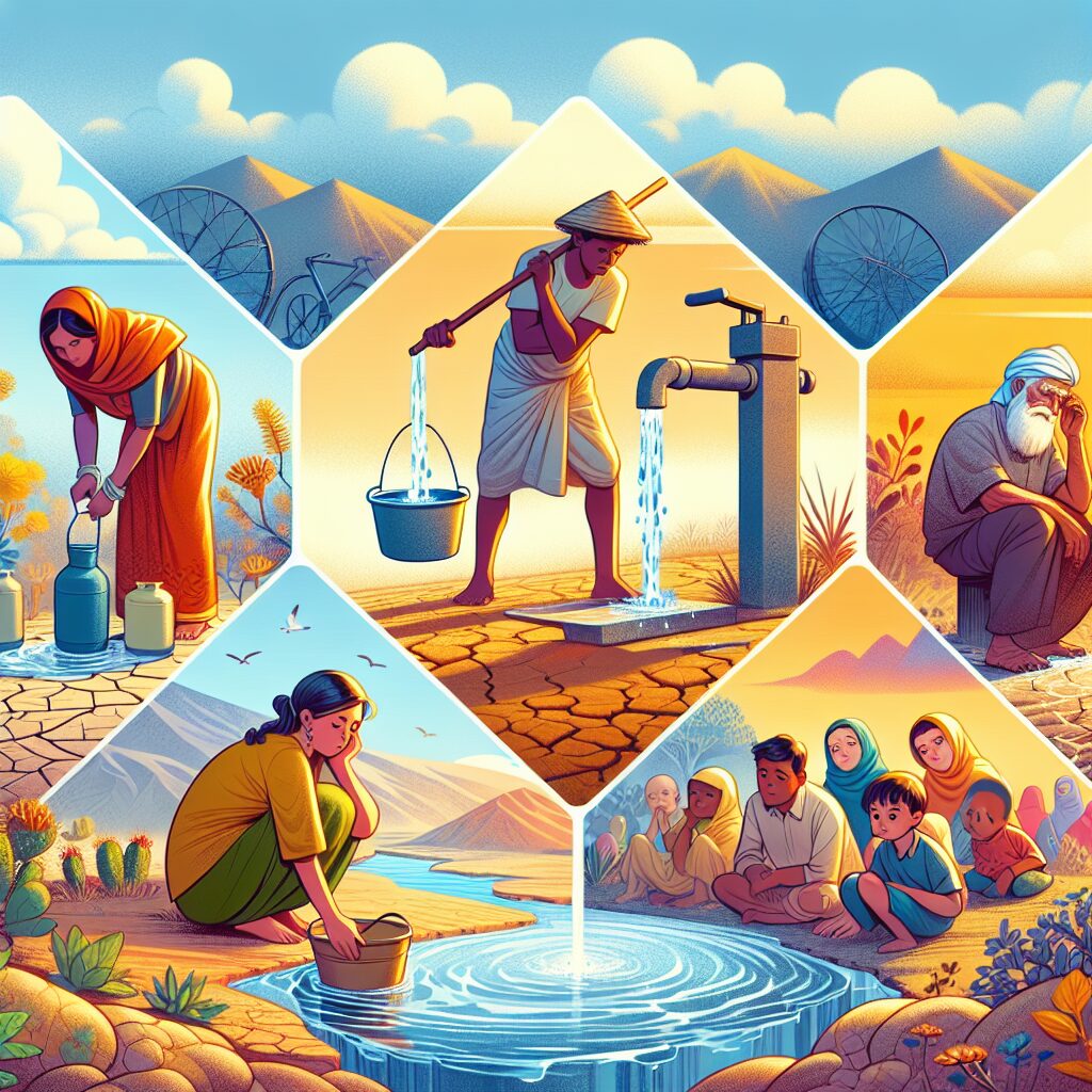 Illustration showing a global water scarcity issue with diverse people struggling to access clean water, symbolizing a worldwide health challenge.
